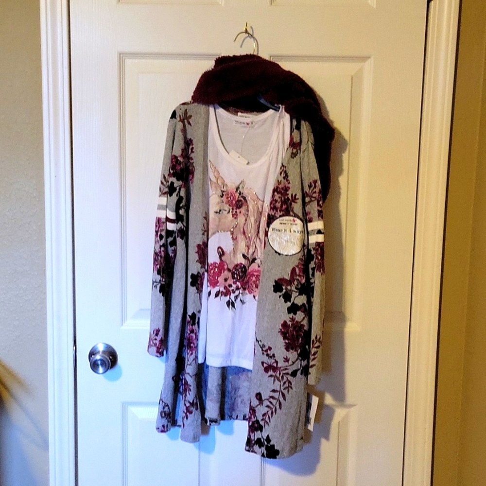 Knit Works Girls Unicorn Tank Top Shirt Jacket and Burgundy Scarf Set